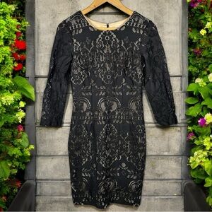 Cremieux Black Lace Dress Women's Nude Underlay Cocktail Party 3/4 Sleeve Size 2